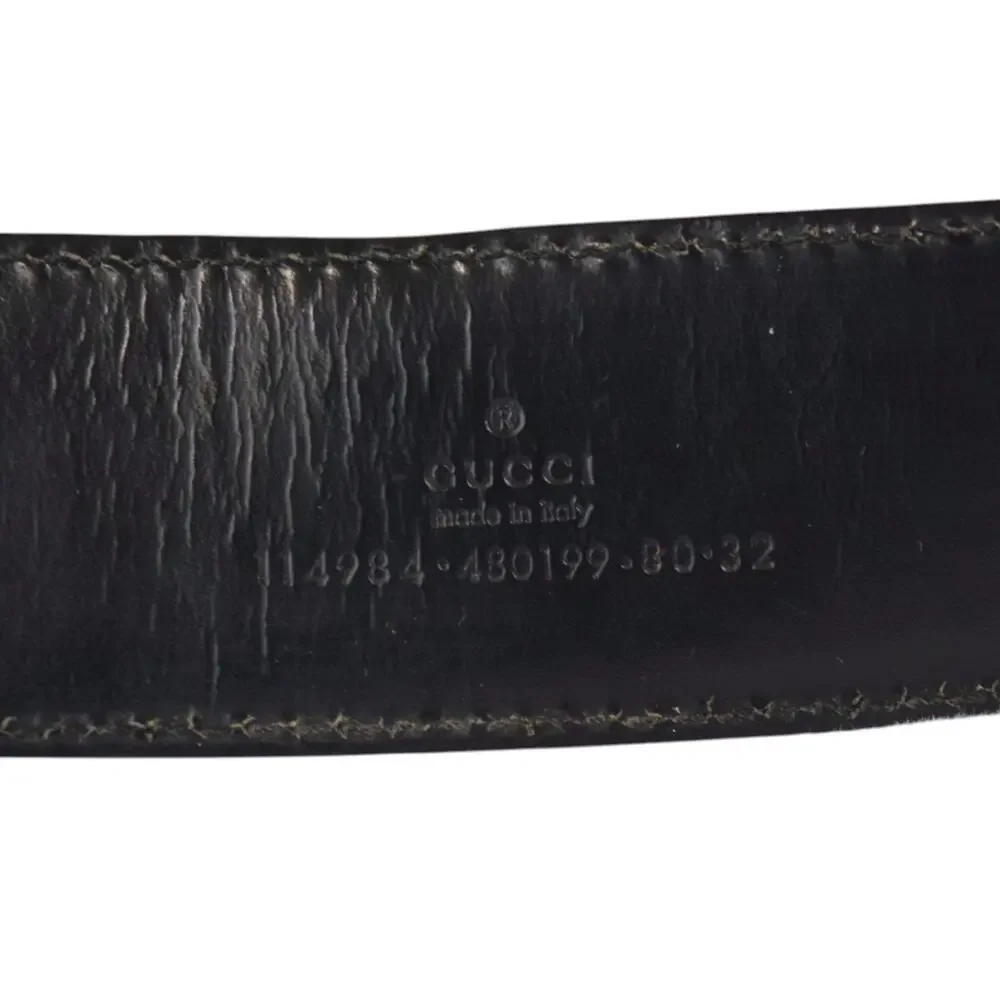 Gucci GG Monogram Black Leather Belt Silver Buckle Italy
